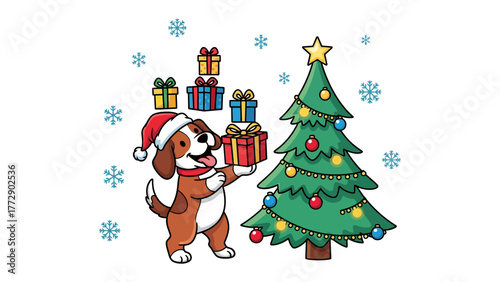 Joyful Holiday Pup: A cheerful pup with a festive hat, a bright Christmas tree, surrounded by presents, snowflake, filled with the warmth of the holiday spirit.