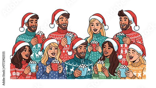 Holiday Cheer with Cocoa: A group of friends and family come together to share the warmth of holiday season, holding mugs of hot cocoa, all smiles and wearing festive sweaters.