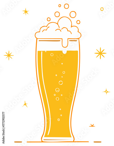 Tall glass filled with bubbly golden beer and overflowing foam adorned with sparkling festive elements