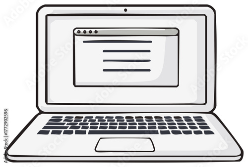 Simple line art drawing of a laptop computer displaying an empty application interface for content.