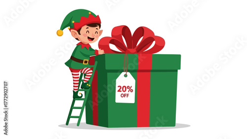 Festive Surprise: A cheerful elf is meticulously putting finishing touches on a huge Christmas gift package, while presenting a joyful seasonal offer.