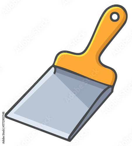 Cartoon illustration of a gray metal putty knife with a yellow plastic handle for construction work and repair
