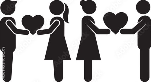 Couples exchanging hearts silhouette