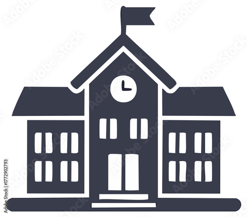 Classic school building icon with flag and clock. Education, university, college, and learning symbol.