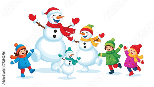 Joyful Winter Frolic: Cheerful snowmen and happy children playing joyfully during winter, dressed in winter attire with red scarf, gloves, hat, and big smile.