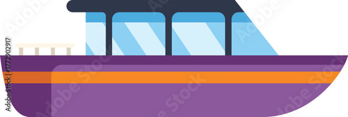 Purple and orange tour boat for tourists cruising on water, isolated on white background