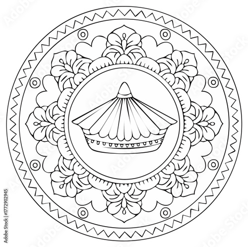 Circular mandala design with a central tent-like emblem and floral patterns