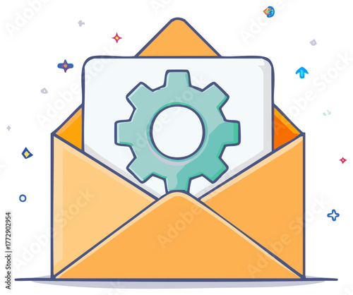 Email settings and configuration concept with gear icon in open envelope illustration