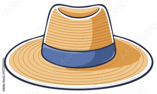 Stylized Straw Hat with Blue Ribbon Illustration for Summer Fashion