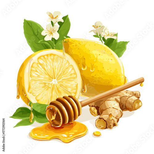 Vector illustration of lemon cut in half, ginger and a honey stick with dripping honey