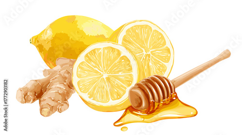 Vector illustration of lemon cut in half, ginger and a honey stick with dripping honey