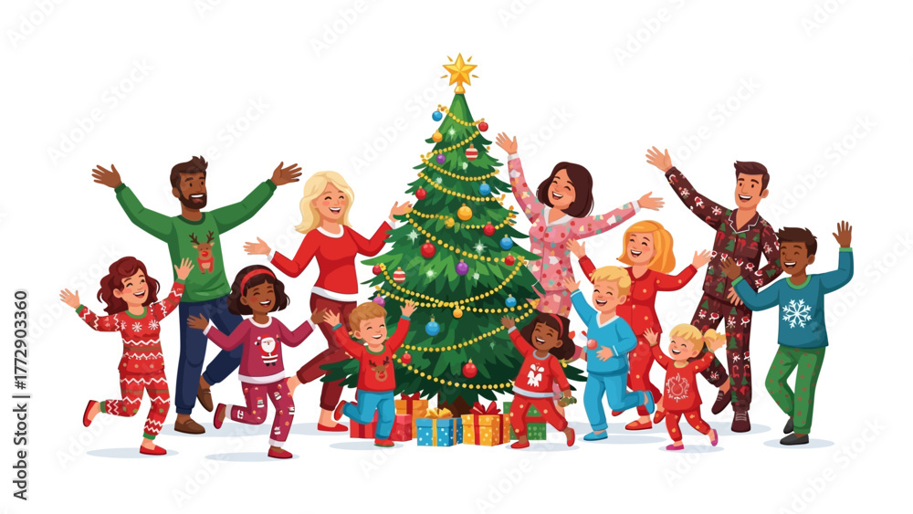 Obraz premium Joyful Christmas Gathering: A family and friends are gathered in the Christmas holidays celebrating the holiday, with vibrant smiles and open arms around a festively adorned Christmas tree.