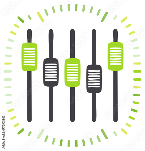 Graphic equalizer, sound control sliders, music technology vector graphic with green elements, regulation interface