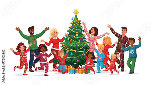Joyful Christmas Gathering: A family and friends are gathered in the Christmas holidays celebrating the holiday, with vibrant smiles and open arms around a festively adorned Christmas tree.