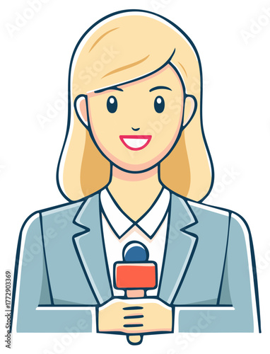 Friendly female journalist in a suit holding a microphone for a news broadcast