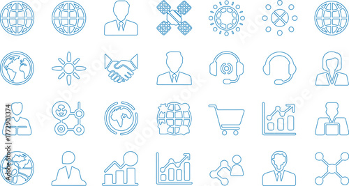 Global Business, International Trade line icon set. Vector pictograms of worldwide commerce, logistics, digital connectivity, supply chain, globalization thin linear illustration