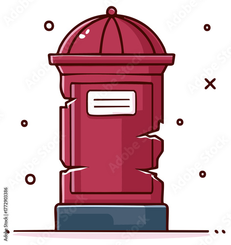 Cartoon Red Mailbox with Cracks, Unique Post Box Vector Illustration