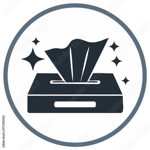 Sanitizing Wipes Box Icon with Sparkles; Cleaning Symbol in Circle