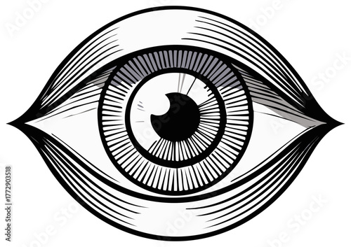 Black and white line art illustration of a human eye with detailed iris and pupil in engraving style