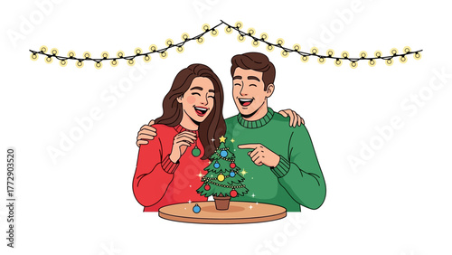 Festive Cheer: A cheerful couple decks a tiny Christmas tree, radiating the warmth of the season and shared happiness with string lights adorning the space.