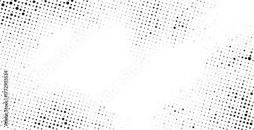 Halftone gradient rectangle frame background. Grunge dotted texture border with copy space. Vector stipple pointillism texture with faded grit noise. Sand, grain pattern on transparent background
