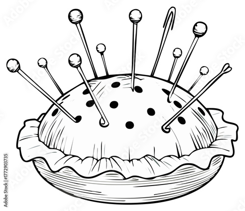 Whimsical pincushion brimming with straight pins and a sewing needle in hand drawn style