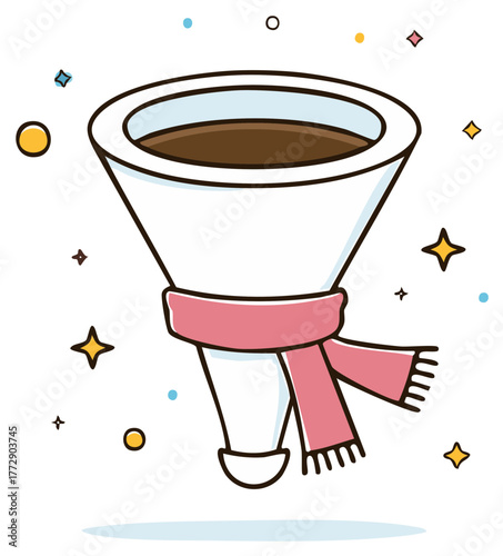Cozy cartoon coffee pour over cone wearing a pink scarf with hot brown beverage for winter