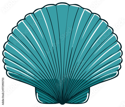 Stylized vector illustration of a teal scallop seashell with bold outlines