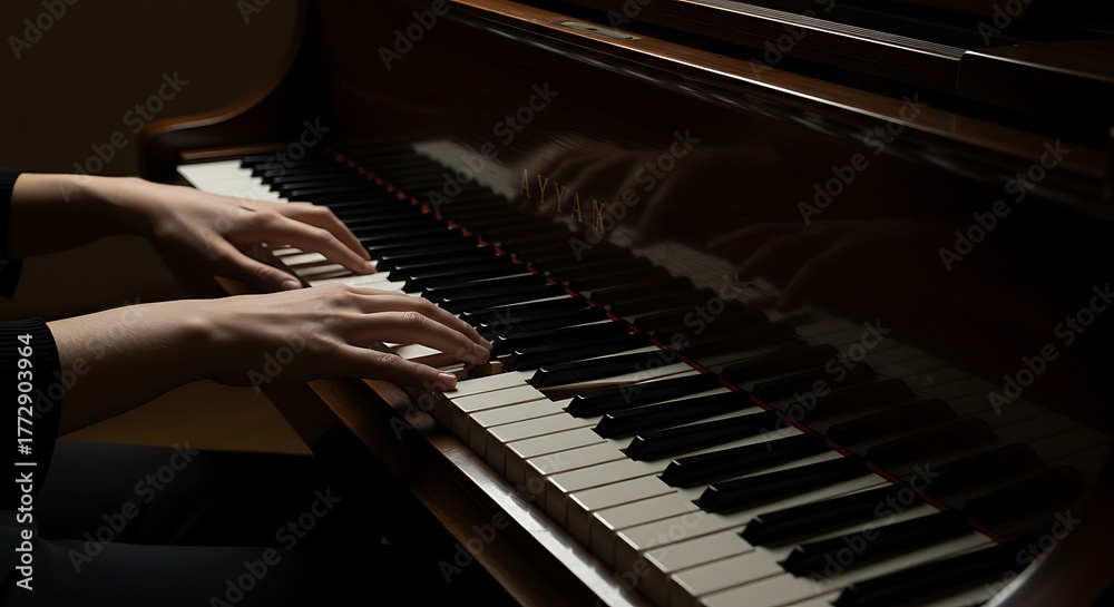 Fototapeta premium Close-up of a person's hands playing a grand piano. Focus on the keys and player