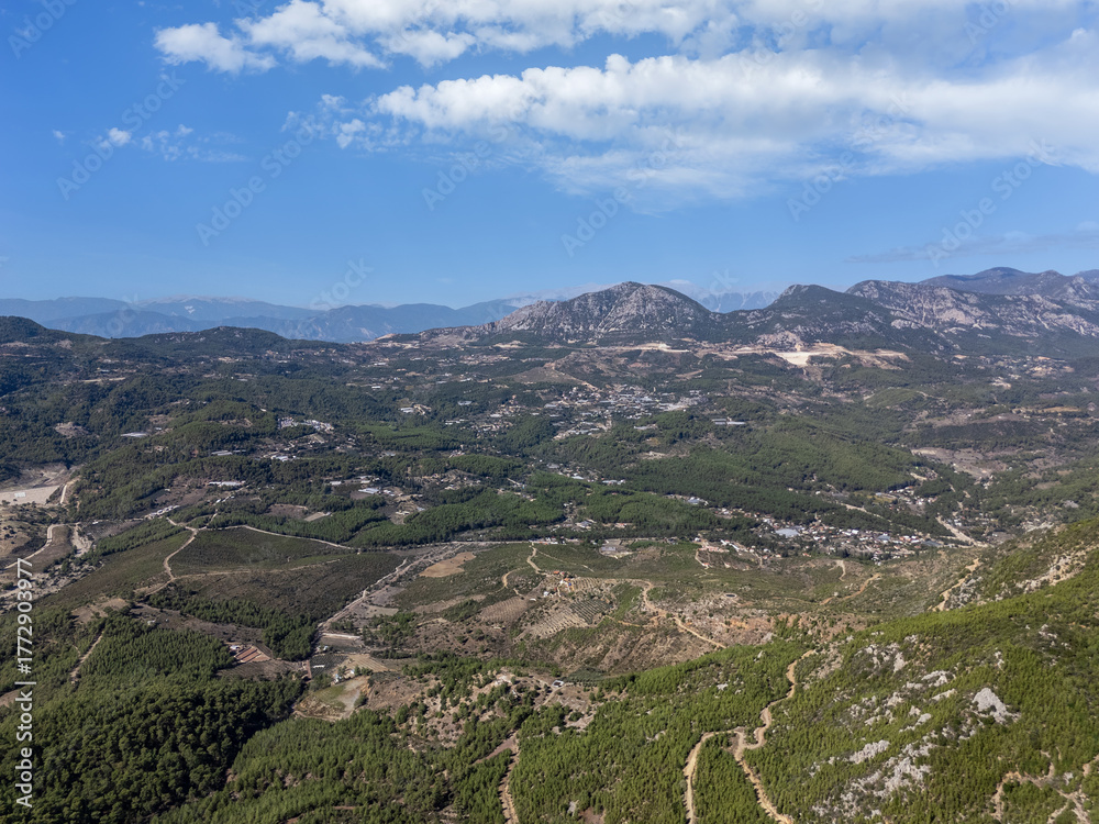 Fototapeta premium Kumluca district showcasing mountains, forest and rural settlements