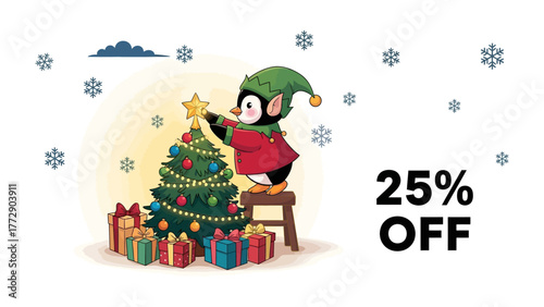 Christmas Elf Decorating Tree : A delightful Christmas elf, dressed in festive attire, lovingly decorates a beautifully adorned Christmas tree, evoking the spirit of the season.