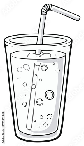 Glass of Sparkling Water with Straw Cartoon Illustration Beverage