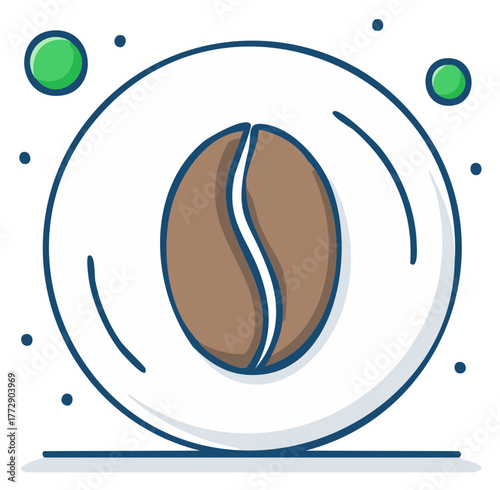 Single Coffee Bean in a White Circle with Green Bubbles and Dots