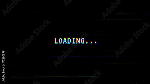 LOADING... text with RGB glitch distortion and VHS static lines on dark background, retro digital screen loading frame. 4K video