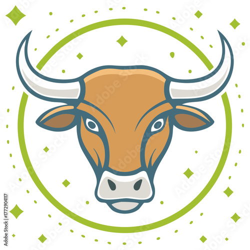 Stylized bull head with horns and celestial elements in a green circle
