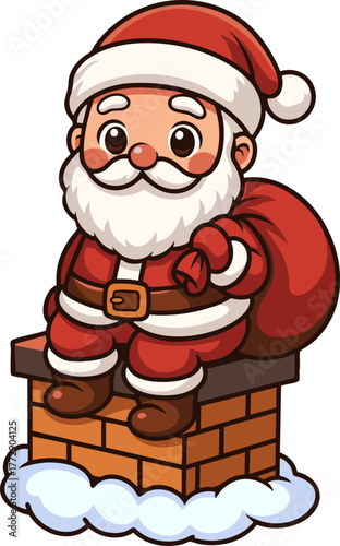 Kawaii-style Santa Claus coming down the chimney, ready to deliver gifts. Perfect for Christmas and holiday-themed designs.