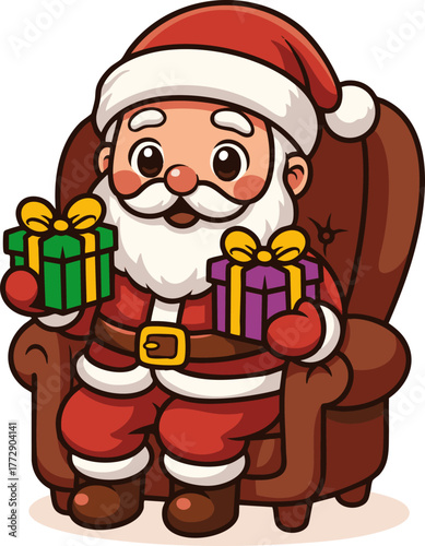 Cute kawaii-style Santa holding multiple gifts, smiling joyfully. Perfect for Christmas and holiday-themed designs.