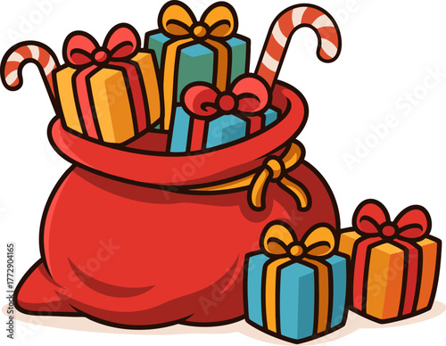 Cute kawaii-style Santa’s gift sack filled with presents and candies, perfect for festive and Christmas-themed designs.