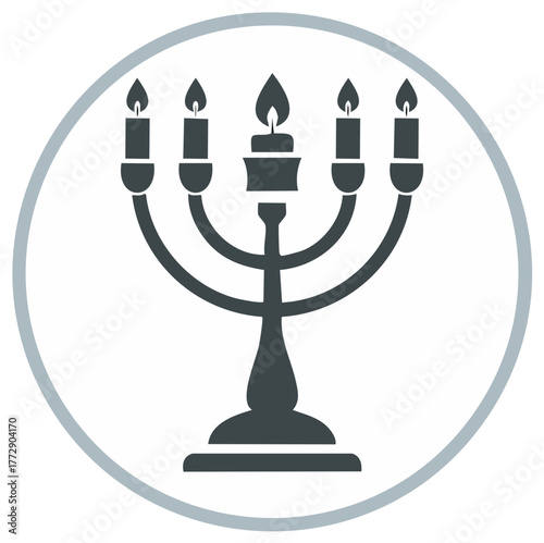 Icon of a seven branched menorah with lit candles inside a grey circle