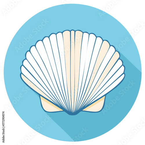 Scallop shell icon in a flat design style with long shadow. Marine life vector illustration for summer themes.