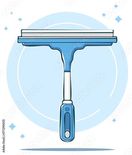 Illustration of a blue and white squeegee tool, featuring a handle and cleaning blade for cleaning windows and surfaces.