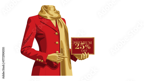 Elegant attire with discount: A stylish mannequin, draped in a vibrant red coat and scarf, showcases a premium discount, symbolizing fashion and affordability.