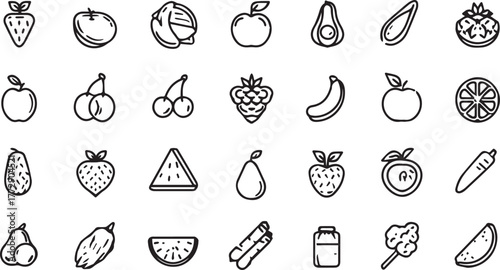 Fruits and Vegetables Line Art Icons Set — Minimal Black Outline Vector Collection