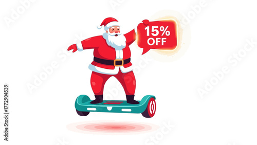 Santa on Hoverboard for Sale: Santa Claus, the symbol of festive cheer, zips along on a futuristic hoverboard, offering a special 15% discount.