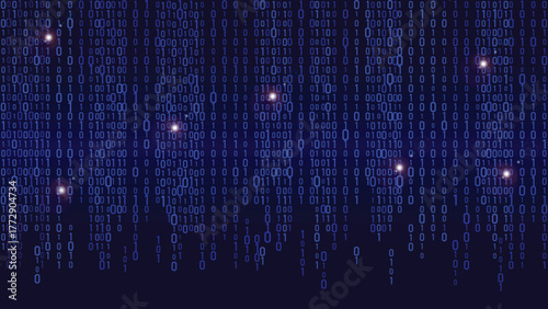 Binary numbers fall like digital rain on a blue background. Futuristic cyber stream, abstract tech pattern, software code, matrix effect and information security design. Vector illustration