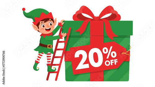 Holiday Shopping Delight: A festive elf meticulously adjusts a promotional tag on a giant gift box, heralding a generous 20% discount.