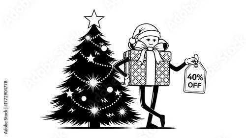 Holiday Promotion: A cheerful illustration showcases a gift box character wearing a Santa hat, standing next to a decorated christmas tree. The gift box holds a tag.