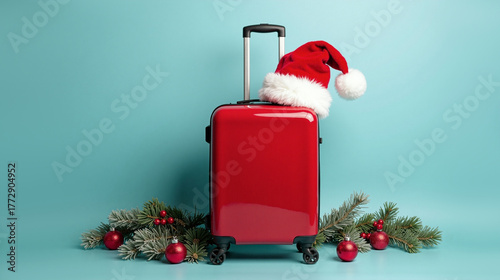 Traveling during the Christmas season. A red suitcase with a Santa hat on top, surrounded by fir branches with Christmas tree decorations, on a blue background. Copy space. AI generative.