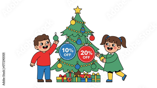 Festive Discount: Two children enthusiastically adorn a Christmas tree with ornaments, showcasing promotional discounts during the holiday season.