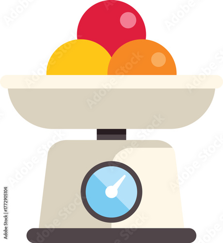 Kitchen scale weighing colorful balls, representing a diet and healthy food concept